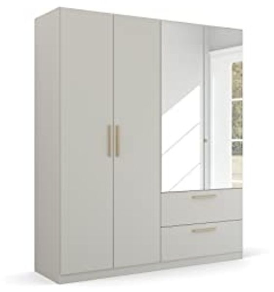 Rauch Möbel Skandi by Quadra Spin Schrank Drehtürenschrank, Grau, 4-trg. mit Spiegel, inkl. 2 Kleiderstangen, 2 Einlegeböden, 2 Schubkästen, BxHxT 181 x 210 x 54 cm