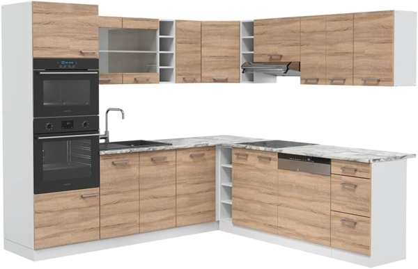 Eckküche R-Line Sonoma/Weiß 247 x 60 cm , AP Marmor Vicco