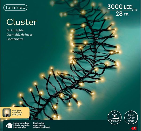 Lumineo LED-Lichterkette Lumineo Lichterkette CLUSTER 3000 LED 28 m Soft Gold, schwarzes Kabel, Indoor/Outdoor, dimmbar, 8h-Timer, + 5 m Zuleitung