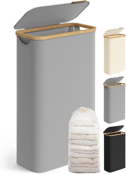 SONGMICS Wäschekorb mit Deckel und herausnehmbarem Wäschesack, zusammenklappbar, Bambus / Oxford-Gewebe taubengrau, 65 l