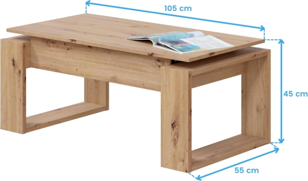 Habitdesign Couchtisch, höhenverstellbar, Tisch für Wohnzimmer, Beistelltisch, Modell Nova, Finish in Eiche, Maße: 105 cm (Länge) x 55 cm (Breite) x 45-54 cm (Tiefe) Bild 3