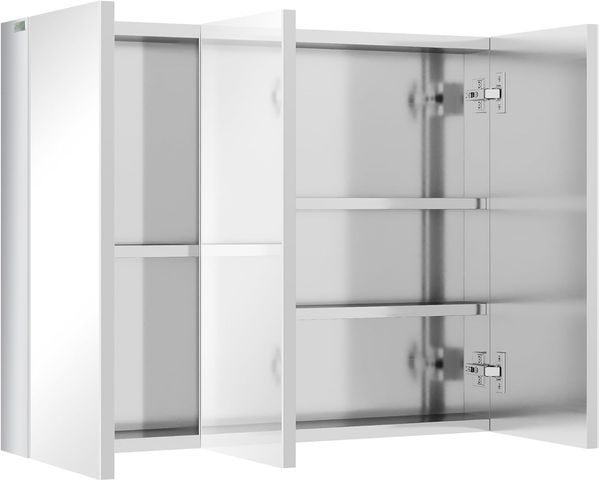 kleankin Spiegelschrank, Badezimmerschrank mit 5 Ablagen, Badschrank mit 3 Glastüren, Aufbewahrungsschrank, Hängeschrank, Wandschrank, Edelstahl, 70 x 12 x 55 cm, Silber