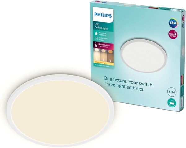 Philips Superslim CL550 Ceiling lamp Ø250 mm LED 15W 2700K SceneSwitch IP44, White