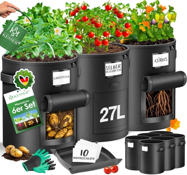 KESSER Pflanzkübel 6er-Set – XXL Pflanzsack für Kartoffeln & Gemüse (6 St), Aus robustem Vlies, mit Sichtfenster und praktischen Tragegriffen