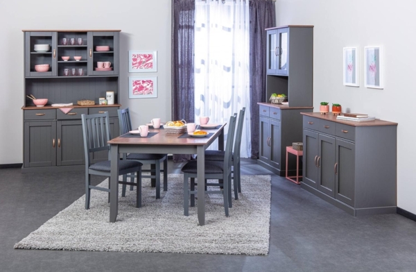 Dmora Buffet mit 3 Türen und 3 Schubladen, in grau lackierter massiver Kiefer mit brauner Oberseite und Oberflächen, 131 x 45 x 86 cm Bild 2