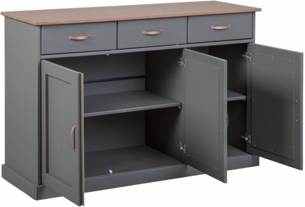 Dmora Buffet mit 3 Türen und 3 Schubladen, in grau lackierter massiver Kiefer mit brauner Oberseite und Oberflächen, 131 x 45 x 86 cm Bild 3