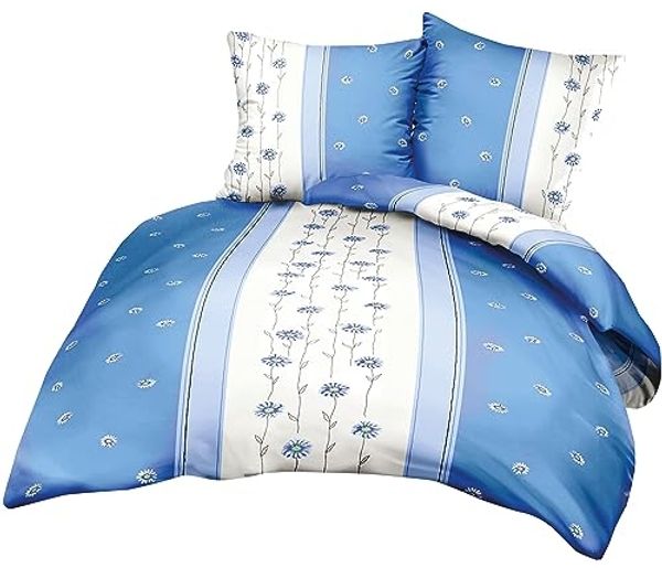 Heubergshop Bettwäsche, Seersucker, 2 teilig, 135x200 cm +80x80 cm - Blumen Blau Creme 100% Baumwolle (125/4)