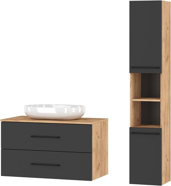 Planetmöbel Badmöbel Komplettset Badmöbel Komplettset 4-teilig 90cm mit Aufsatzwaschbecken und Hochschrank, in den Farben Gold Eiche/Anthrazit