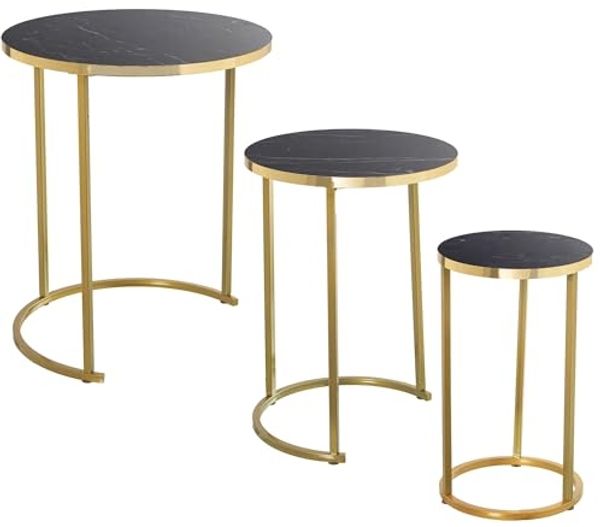 DRW Set mit 3 Beistelltischen aus Holz und Metall in Gold und schwarzem Marmor-Effekt, 48x58 cm, 38x53 und 28x48 cm