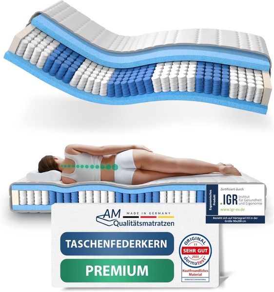 AM Qualitätsmatratzen Hochwertige 7-Zonen Taschenfederkernmatratze 90x210 cm - 24 cm Premiumhöhe - Tonnentaschenfederkernmatratze 90x210 cm - H5 extra fest