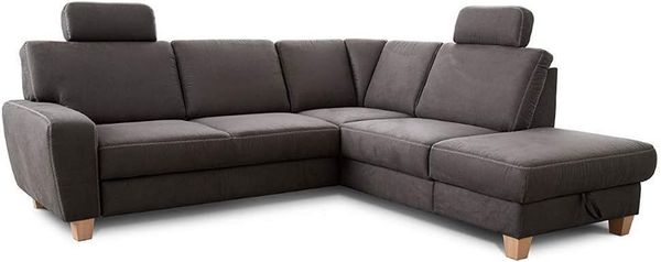 Cavadore Ecksofa Wisconsin mit Federkern / Landhaus Sofa mit 2 Kopfstützen / Landhausstil / Holzfüße in Buche / Mikrofaser in Lederoptik / Größe: 248 x 88 x 215 cm (BxHxT) / Farbe: Dunkelgrau