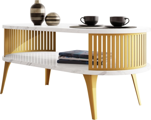 Couchtisch Rajkon Oval Gold (Farbe: Gold / Bianco Marmor)