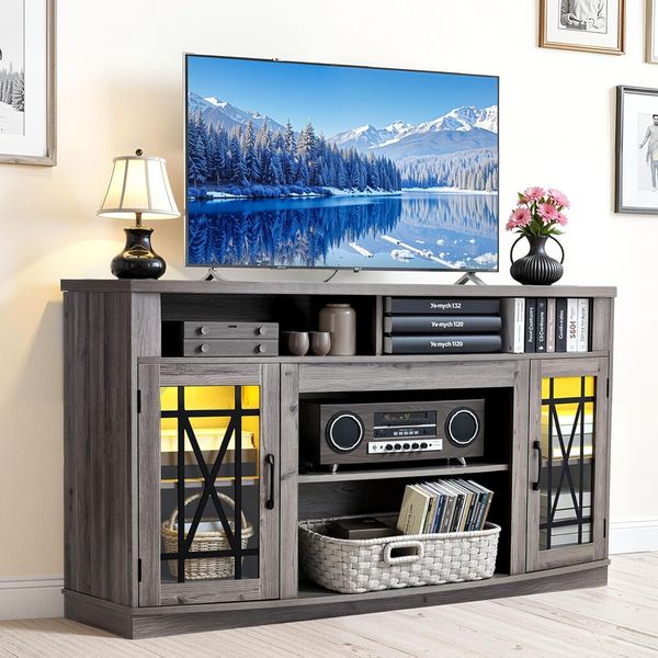 VEVOR TV-Ständer für Fernseher bis zu 65 Zoll, TV Tisch mit Lichtleiste, TV-Schrank aus Holz mit Glastüren & verstellbaren Regalen, Konsolentisch Fernsehschrank für Wohnzimmer Schlafzimmer, Grau