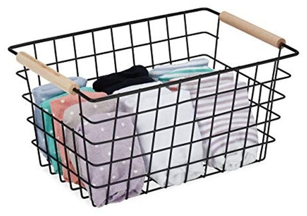 Relaxdays 4 x Drahtkorb mit Holzgriffen schwarz
