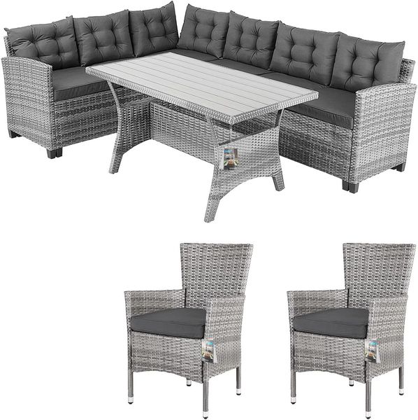 Casaria Gartenlounge-Set, (17-tlg), Polyrattan WPC Esstisch Eckbank Gartenstühle 15cm Kissen 7cm Auflagen