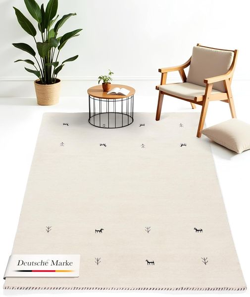 carpetfine 'Gabbeh Uni' Wollteppich, reine Wolle, Weiß, 60x90 cm