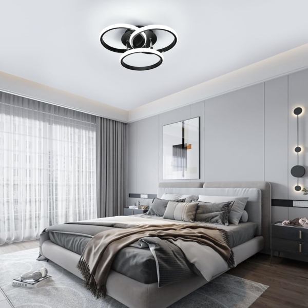 Comely LED Deckenlampe Schwarz 40cm, 40W Moderne 3-Ring Deckenleuchte für Wohnzimmer, Schlafzimmer, Flur, Kaltesweiß 6500K, Energiesparend, Aluminium Bild 2