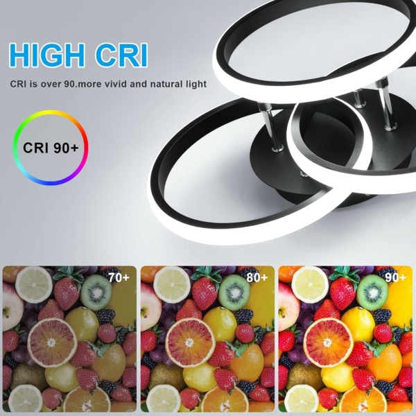 Comely LED Deckenlampe Schwarz 40cm, 40W Moderne 3-Ring Deckenleuchte für Wohnzimmer, Schlafzimmer, Flur, Kaltesweiß 6500K, Energiesparend, Aluminium Bild 8