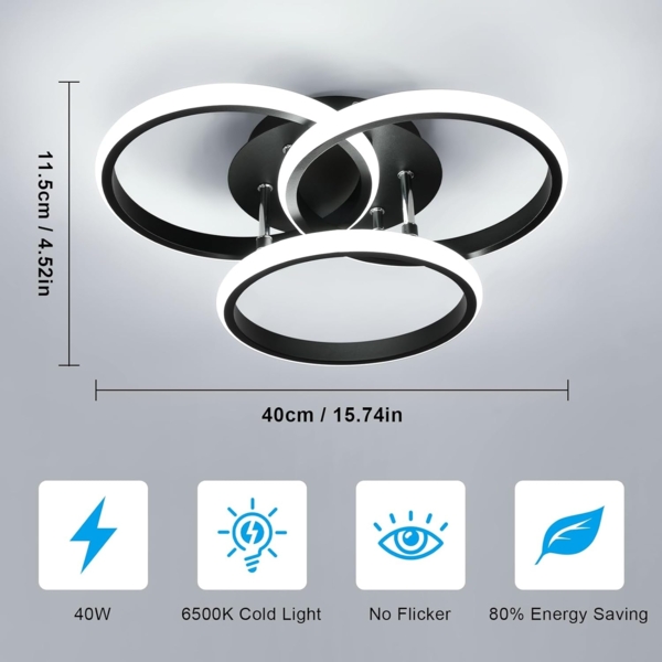 Comely LED Deckenlampe Schwarz 40cm, 40W Moderne 3-Ring Deckenleuchte für Wohnzimmer, Schlafzimmer, Flur, Kaltesweiß 6500K, Energiesparend, Aluminium Bild 4