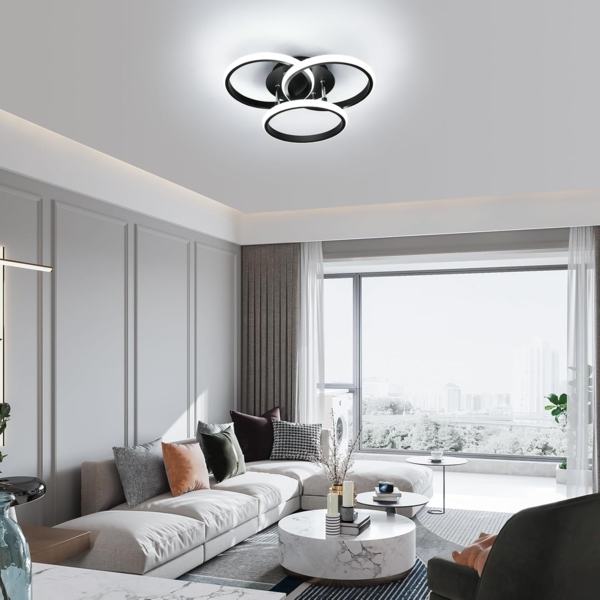 Comely LED Deckenlampe Schwarz 40cm, 40W Moderne 3-Ring Deckenleuchte für Wohnzimmer, Schlafzimmer, Flur, Kaltesweiß 6500K, Energiesparend, Aluminium Bild 3