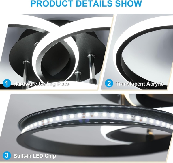 Comely LED Deckenlampe Schwarz 40cm, 40W Moderne 3-Ring Deckenleuchte für Wohnzimmer, Schlafzimmer, Flur, Kaltesweiß 6500K, Energiesparend, Aluminium Bild 5