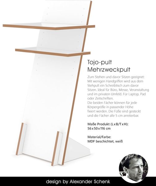 Tojo Pult | Stehpult höhenverstellbar | Auch als Sitzpult geeignet | 120x50 cm (H x B) | Farbe Weiß | Schreibpult mit verstellbaren Fächern | Holzpult zu Lesen und Schreiben | Design Pult Bild 5