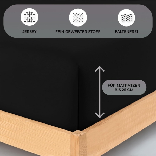 Buymax® Spannbettlaken 140x200 cm Doppelpack 100% Baumwolle Spannbetttuch Bettlaken Jersey, Matratzenhöhe bis 25 cm, Farbe Schwarz Bild 3