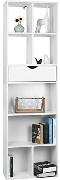 EUGAD Bücherregal Bücherschrank Raumteiler Aktenregal Aufbewahrungregal Standregal mit Schublade aus MDF, 8 Fächer, Weiß, 50 x 24 x 168 cm 0013SHG