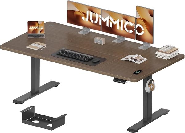 JUMMICO Schreibtisch elektrisch höhenverstellbar mit Kabelwanne & USB-Buchse, Nussbaum, 180x80 cm