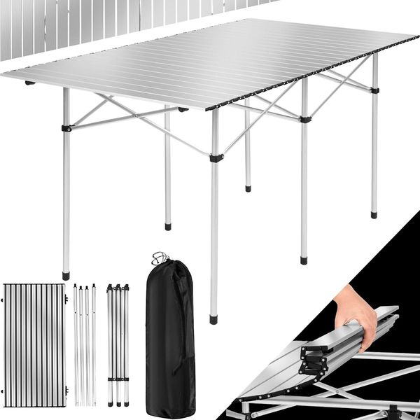 tectake® Campingtisch faltbar, Gartentisch mit klappbarem Aluminiumgestell, Falttisch, Klapptisch für Garten Terrasse Balkon Camping, Gartentisch wetterfest mit Tragetasche, 140 x 70 x 70 cm, Silber