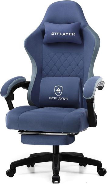 GTPLAYER Gaming Stuhl Ergonomischer Gaming Sessel Schreibtischstuhl mit Stoffoberfläche, Federsitzkissen, Verbindungsarmlehnen und Fußstütze blau