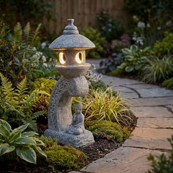 Arnusa LED Solarleuchte Pagode mit Solarlampe Kunststein 60 cm Gartendeko Laterne mit Buddha, LED fest integriert, warmweiß, Japanischer Asiatischer Stil Gartenfigur