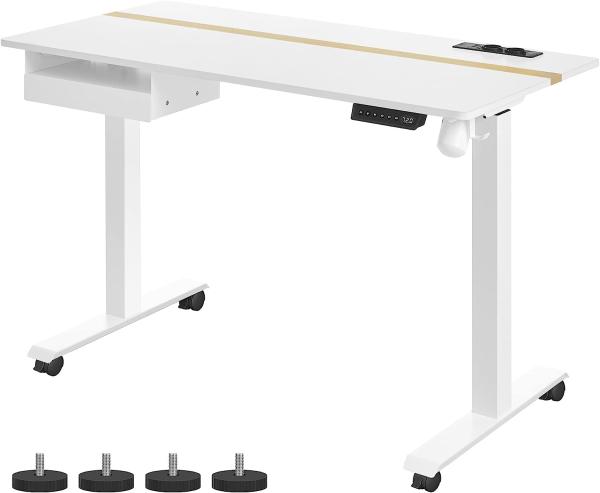 Vasagle Höhenverstellbarer Schreibtisch elektrisch, mit Steckdose und Schublade, stufenlos verstellbar, Memory-Funktion mit 4 Höhen, weiß, Tischoberfläche 60 x 120 cm