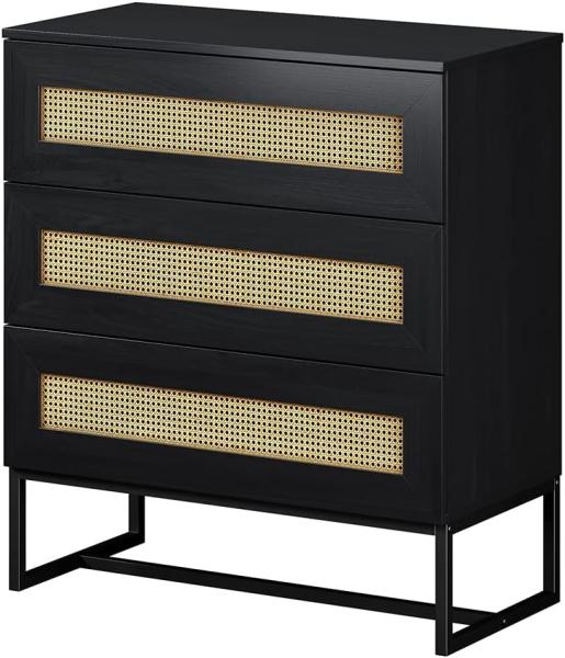 Selsey KERALS Kommode - Sideboard mit 3 Schubladen in Schwarz mit Rattan-Einsätzen und Metallfüßen, 80 cm breit