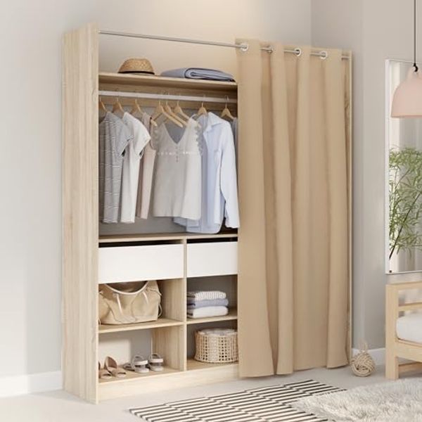 FORTE LYTTELON Kleiderschrank 180, Innovaties Schranksystem mit Vorhang in Beige, offene Stauraumfläche, Holzwerkstoff, Eiche Dekor, 180 cm breit, 200 cm hoch, 42 cm tief
