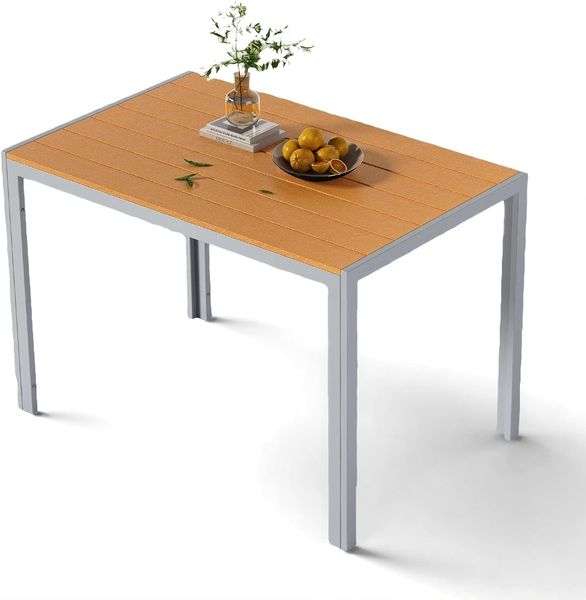 Clevich Gartentisch 110x70 cm aus Aluminium & WPC - Wetterfeste Balkontafel, hitze- und witterungsbeständig für Terrasse und Garten in Hellgrau + Teakbraun