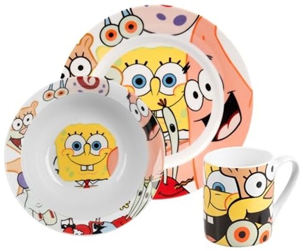 United Labels® Frühstücks-Geschirrset Spongebob Schwammkopf - allover - 3-tlg, 1 Personen, Porzellan