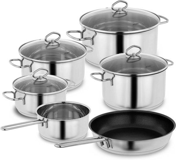 Kopf Topf-Set Merkur 6-tlg, Edelstahl (6-tlg), Kochtopfset Induktion, mit Schüttrand, Literskala und Glasdeckel