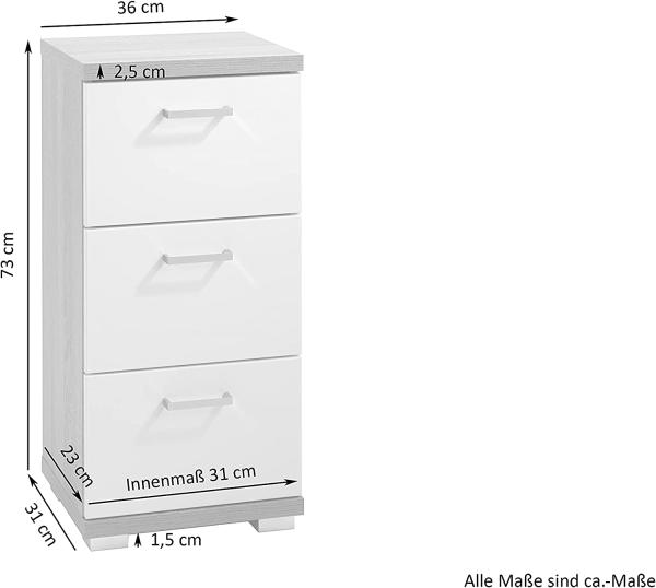 byLIVING Badezimmer Seitenschrank NEBRASKA in Sonoma Eiche Hochglanz weiß lackiert / Kleiner Badschrank mit 3 Schubladen und silberfarbenen Griffen / B 35,5, H 74, T 31,5 cm Bild 3