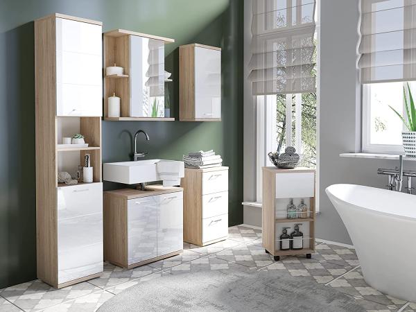 byLIVING Badezimmer Seitenschrank NEBRASKA in Sonoma Eiche Hochglanz weiß lackiert / Kleiner Badschrank mit 3 Schubladen und silberfarbenen Griffen / B 35,5, H 74, T 31,5 cm Bild 10