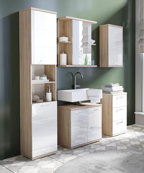 byLIVING Badezimmer Seitenschrank NEBRASKA in Sonoma Eiche Hochglanz weiß lackiert / Kleiner Badschrank mit 3 Schubladen und silberfarbenen Griffen / B 35,5, H 74, T 31,5 cm Bild 2