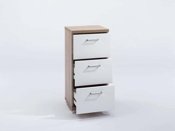 byLIVING Badezimmer Seitenschrank NEBRASKA in Sonoma Eiche Hochglanz weiß lackiert / Kleiner Badschrank mit 3 Schubladen und silberfarbenen Griffen / B 35,5, H 74, T 31,5 cm Bild 4