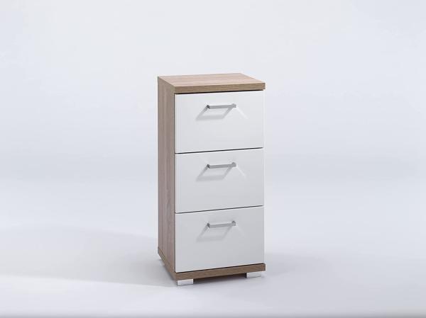 byLIVING Badezimmer Seitenschrank NEBRASKA in Sonoma Eiche Hochglanz weiß lackiert / Kleiner Badschrank mit 3 Schubladen und silberfarbenen Griffen / B 35,5, H 74, T 31,5 cm Bild 9