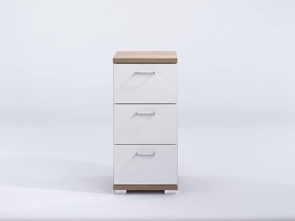 byLIVING Badezimmer Seitenschrank NEBRASKA in Sonoma Eiche Hochglanz weiß lackiert / Kleiner Badschrank mit 3 Schubladen und silberfarbenen Griffen / B 35,5, H 74, T 31,5 cm Bild 5