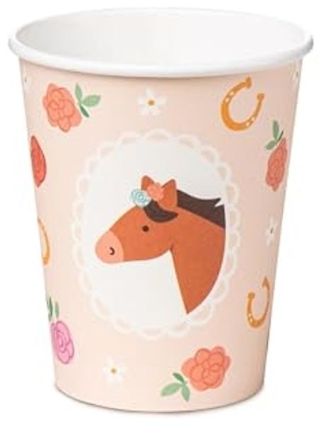 partydeco Becher, Papier, Pappbecher 220ml mit Pferd Motiv 6er Set Zartrosa