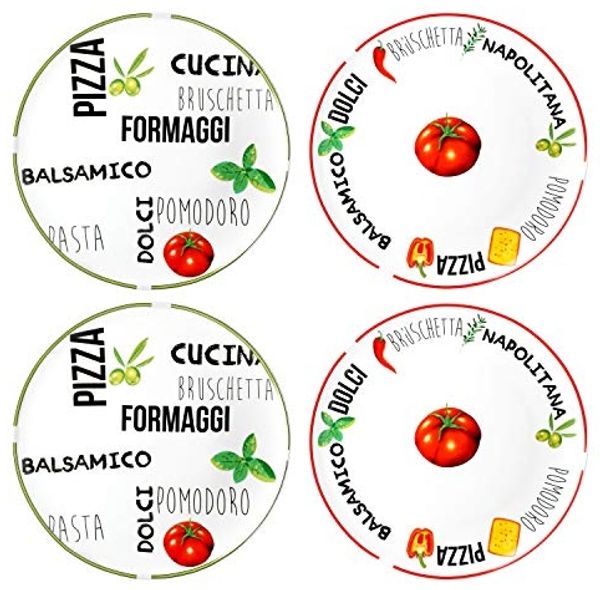 MamboCat Pizzateller 4er Set Pizzateller Tomate Weiß mit Dekor Ø 31cm - 2x Grün & 2x Rot