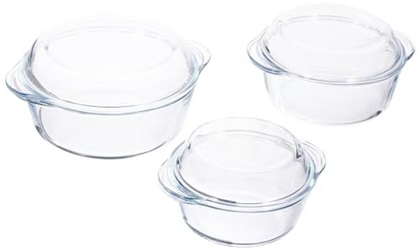 Pasabahce 159021 3er-Set 6-teilig Borcam Kasserolle 3er Set Glas Auflaufform rund mit Deckel Bräter Schüssel Schale Glasschale