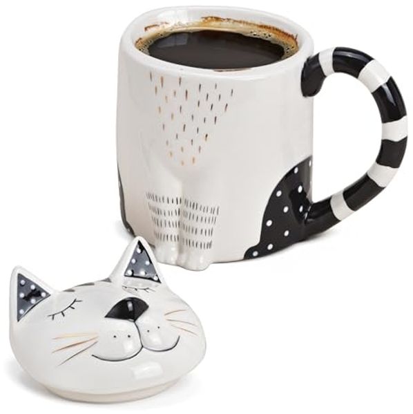 matches21 HOME & HOBBY Tasse Große Teetasse mit Deckel Katze Meow-Design, 1-tlg, Keramik, Tee Kaffee-Becher Kaffeetasse, weiß schwarz goldfarben, 400 ml