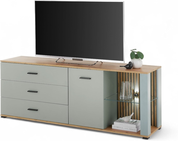 NARVA TV-Lowboard mit LED-Beleuchtung in Salbei, Evoke Eiche Optik - TV Schrank mit viel Stauraum für Ihr Wohnzimmer - 179 x 67 x 44 cm (B/H/T)