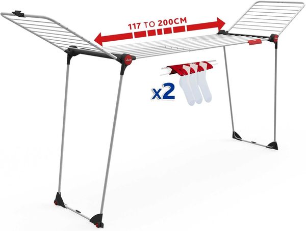 Vileda Infinity Flex Plus Wäscheständer, bis zu 2m ausziehbares Mittelteil, 30m Trockenleine, hohe Flügel mit XXL-Leinen, Eco-Verpackung
